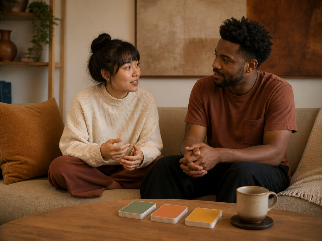 Two people sitting close together on a couch with a small set of themed conversation cards resting on the coffee table, engaged in relaxed and attentive conversation