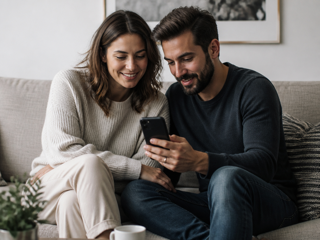 A couple sits close on a couch, one holding a phone displaying conversation prompts, both engaged and smiling