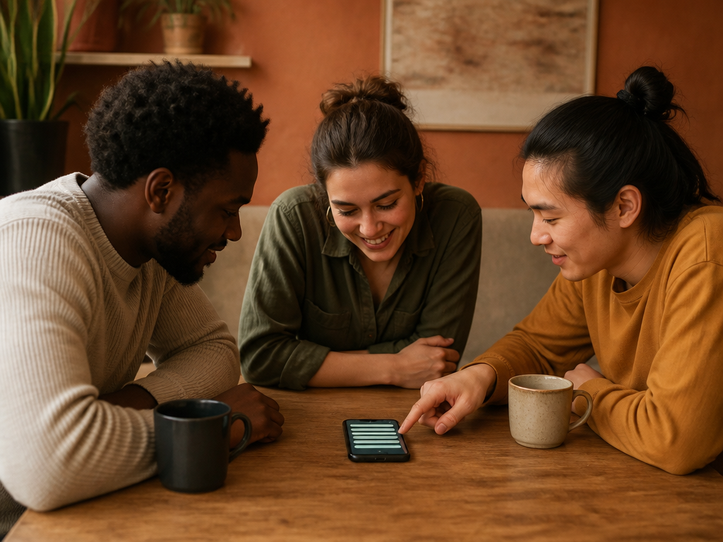 A small group of friends gathered around a table at a social gathering, reading conversation prompts displayed on a smartphone screen