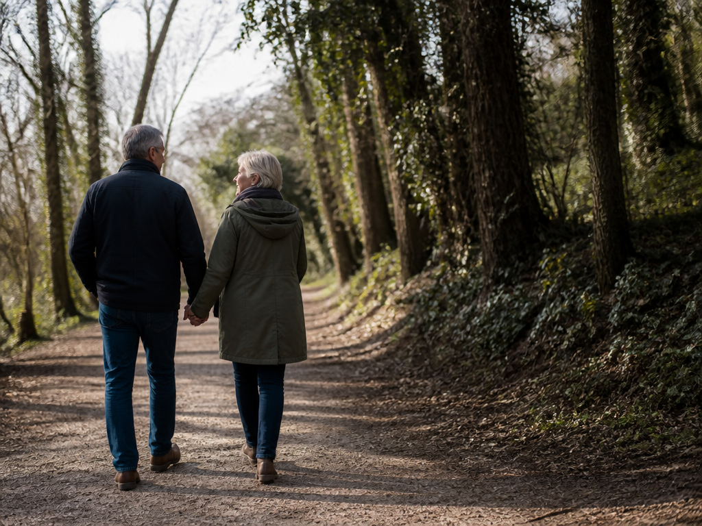 A mature couple walking together along a tree lined path in soft afternoon light, holding hands and talking, moving forward side by side.