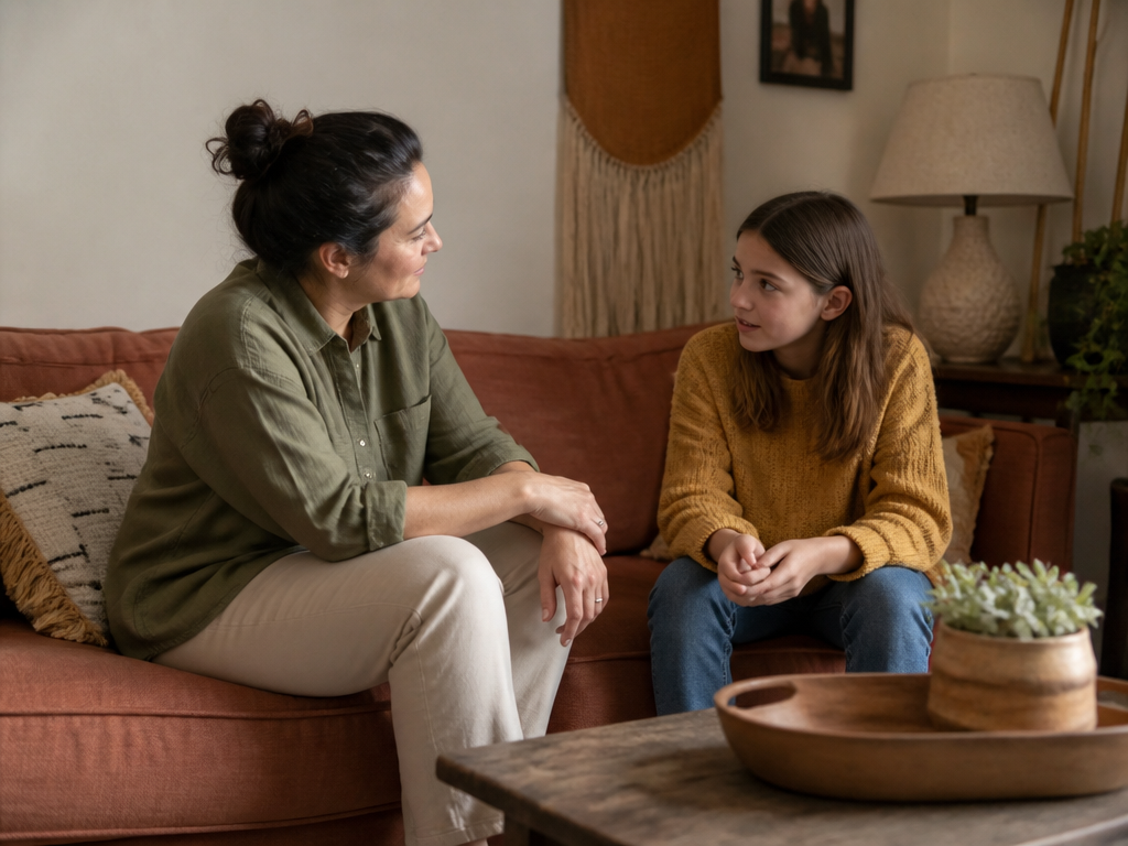 A parent and school-age child sitting together on a living room couch, mid-conversation with relaxed open body language and no screens in sight