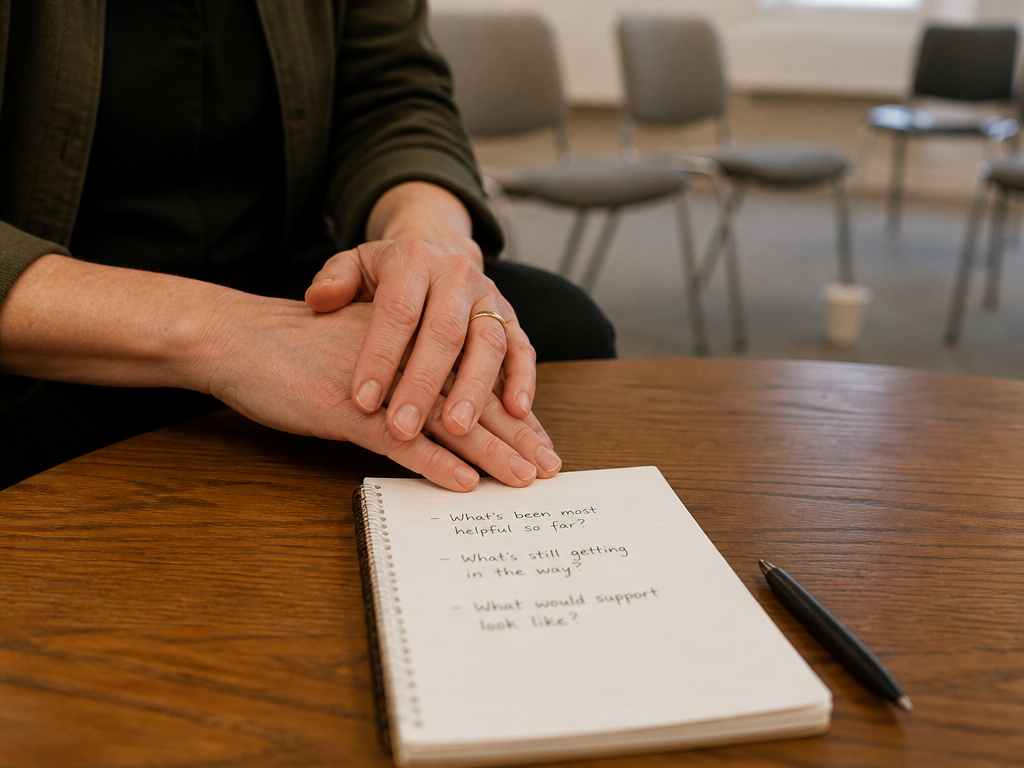 Close view of a facilitator's hands resting on a table beside a simple notepad with handwritten questions, a circle of coffee cups and chairs visible in the soft-focus background of a community room