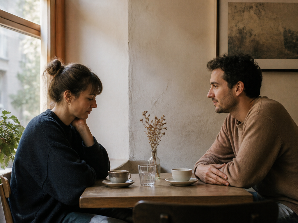 Two people sitting across a small cafe table during a lull in conversation, one looking down thoughtfully while the other watches, soft afternoon light through the window