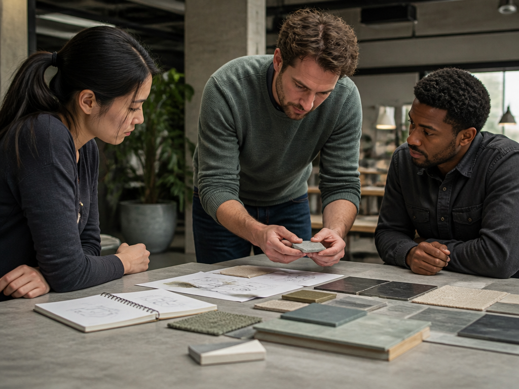 An editorial photograph of shared materials for practical problem solving in a modern workspace, with a mixed group interacting naturally.