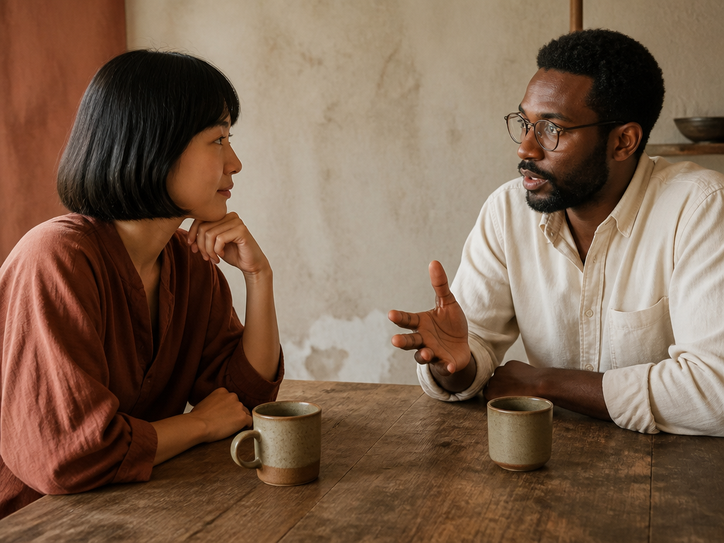 An editorial photograph of an attentive face-to-face conversation with natural gestures in a simple tabletop setup, with a mixed group interacting naturally.