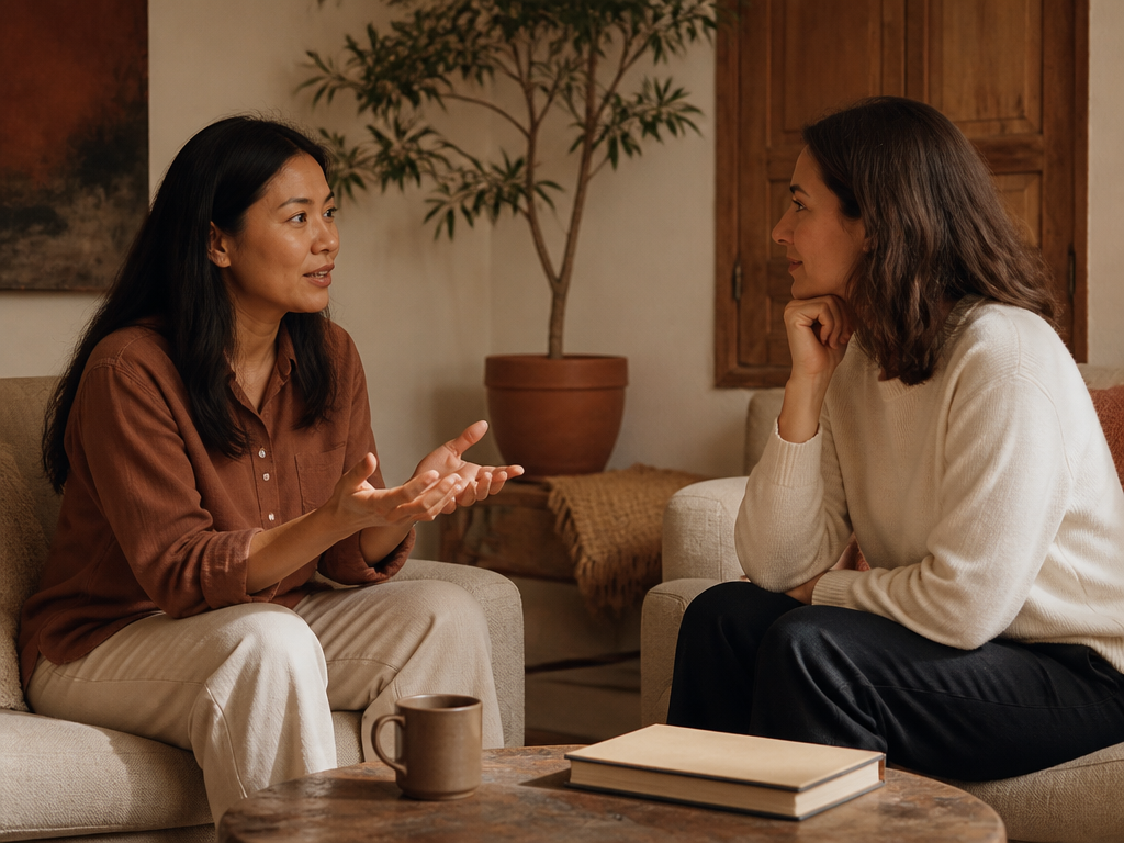 An editorial photograph of an attentive face-to-face conversation with natural gestures in a comfortable home, with a small team interacting naturally.