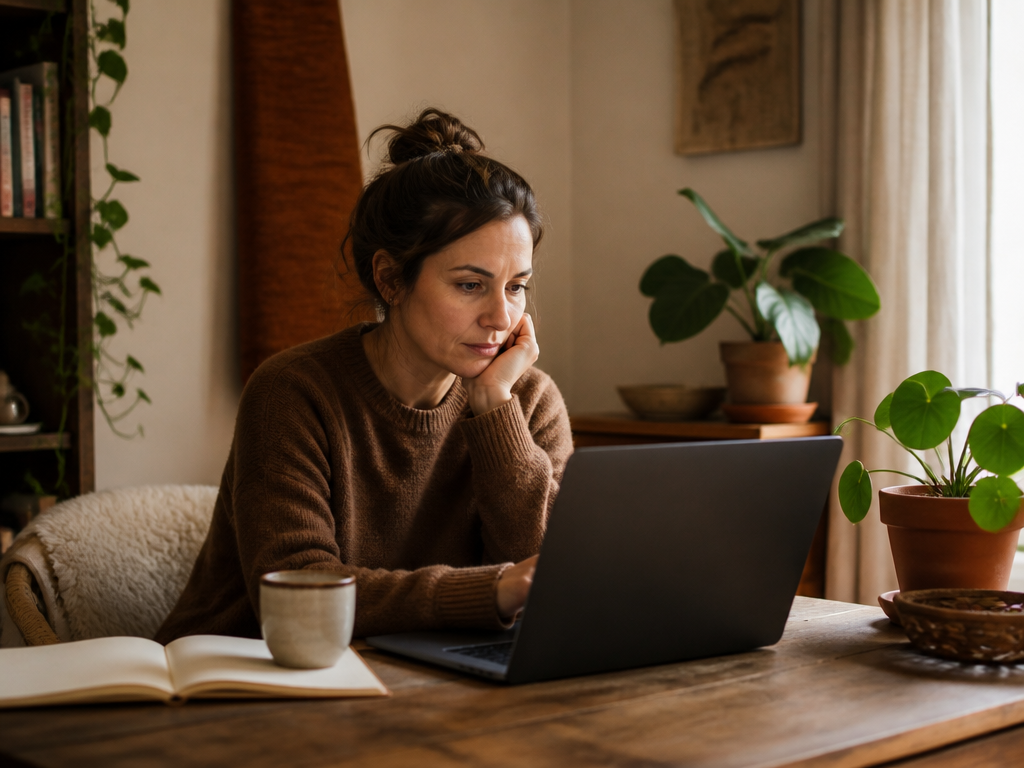 An editorial photograph of a believable work-from-home moment in a comfortable home, centered on one person.