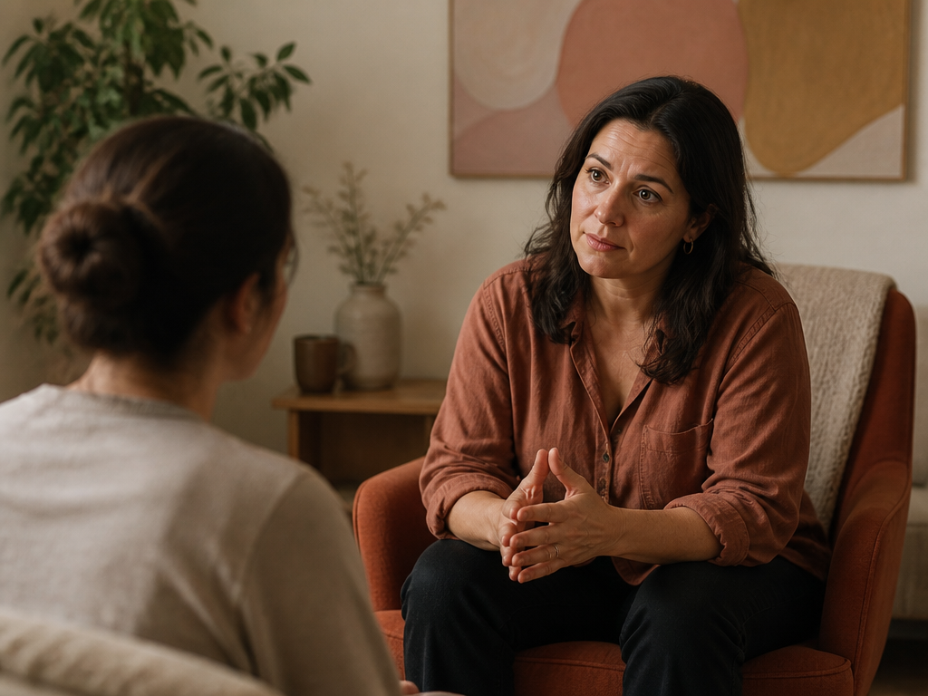 An editorial photograph of an attentive face-to-face conversation with natural gestures in a comfortable home, centered on one person.