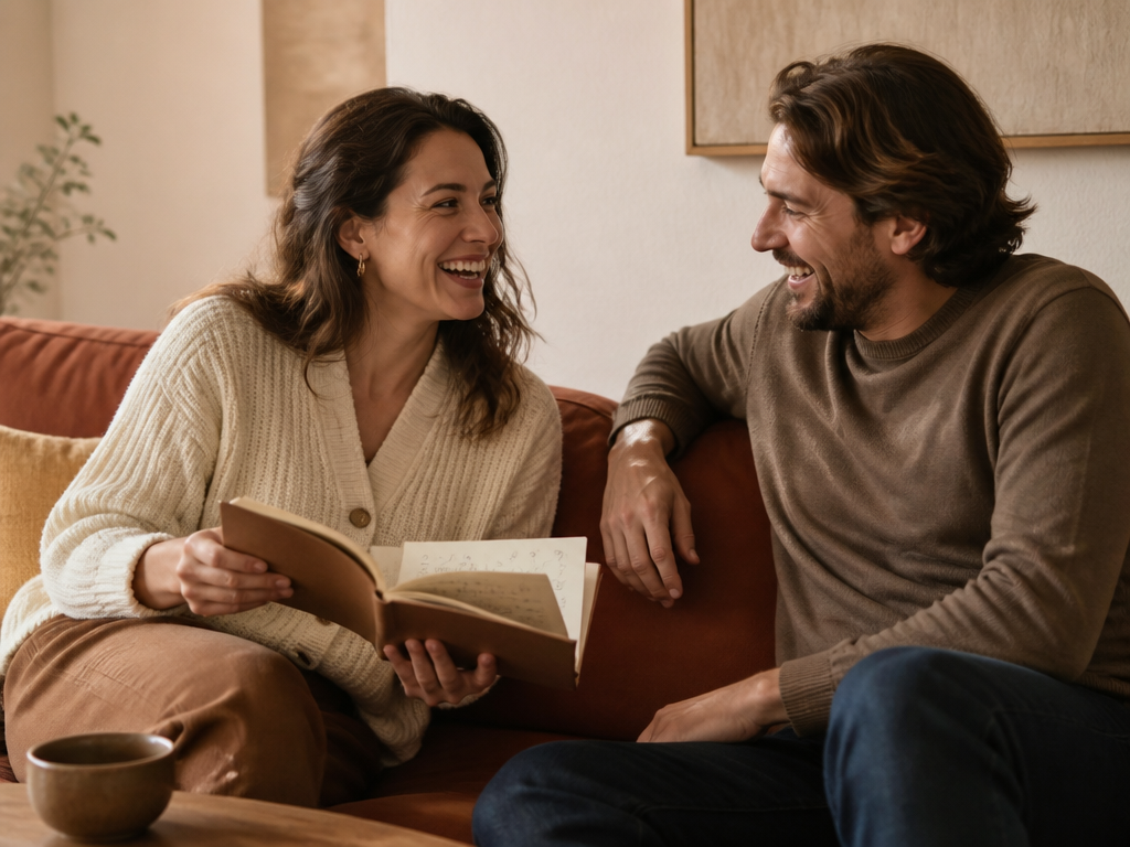 Two partners sitting on a couch laughing together, one holding a notebook of hand written questions