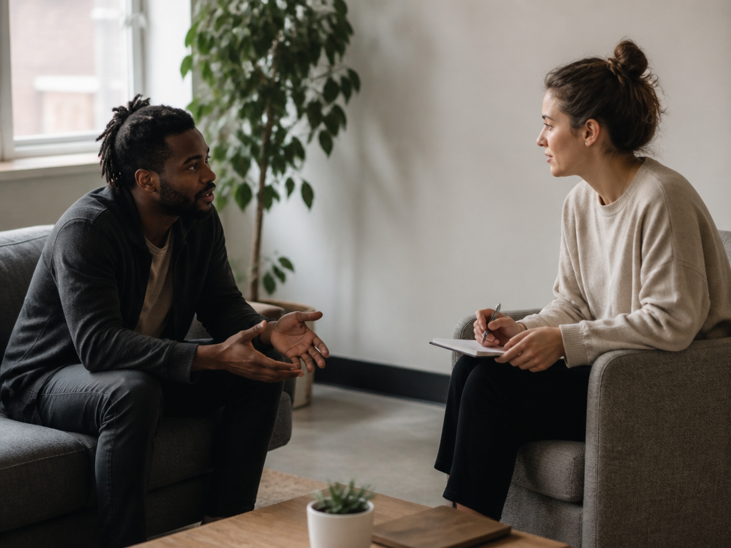 An editorial photograph of an attentive face-to-face conversation with natural gestures in a lived-in community space, with a small team interacting naturally.