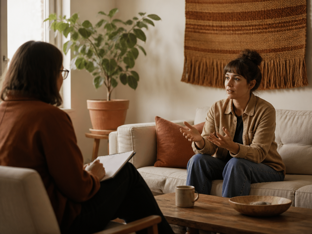 An editorial photograph of an attentive face-to-face conversation with natural gestures in a comfortable home, with a small team interacting naturally.