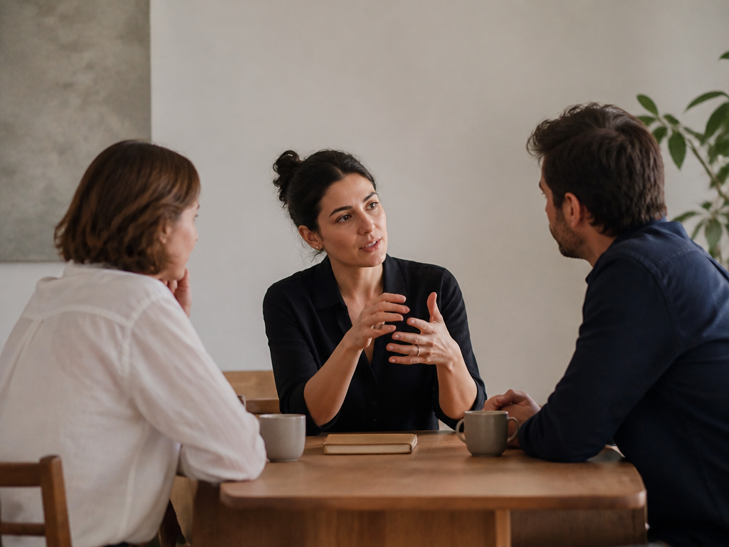An editorial photograph of an attentive face-to-face conversation with natural gestures in a simple tabletop setup, with a small team interacting naturally.