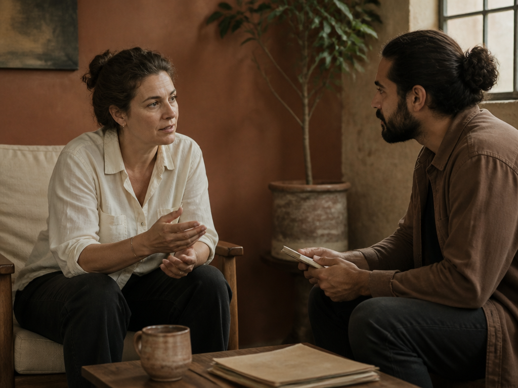An editorial photograph of an attentive face-to-face conversation with natural gestures in a lived-in community space, with a small team interacting naturally.