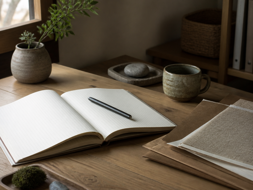 An editorial photograph of an organized desk and practical planning materials in a simple tabletop setup, with no people in frame.