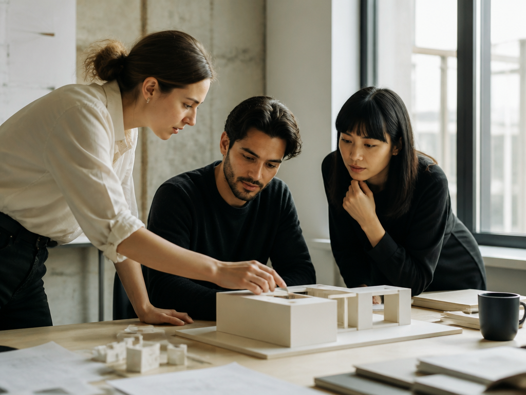 A small team gathered around a meeting table in a bright workspace, one colleague mid-sentence while two others lean in to listen, illustrating the real conversations that personality tests try to shortcut